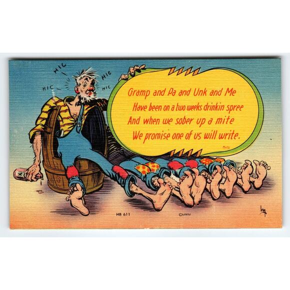 Vintage 1930s Linen Comic Postcard Drinking Spree Humor Gramp Pa Me - Picture 1 of 2
